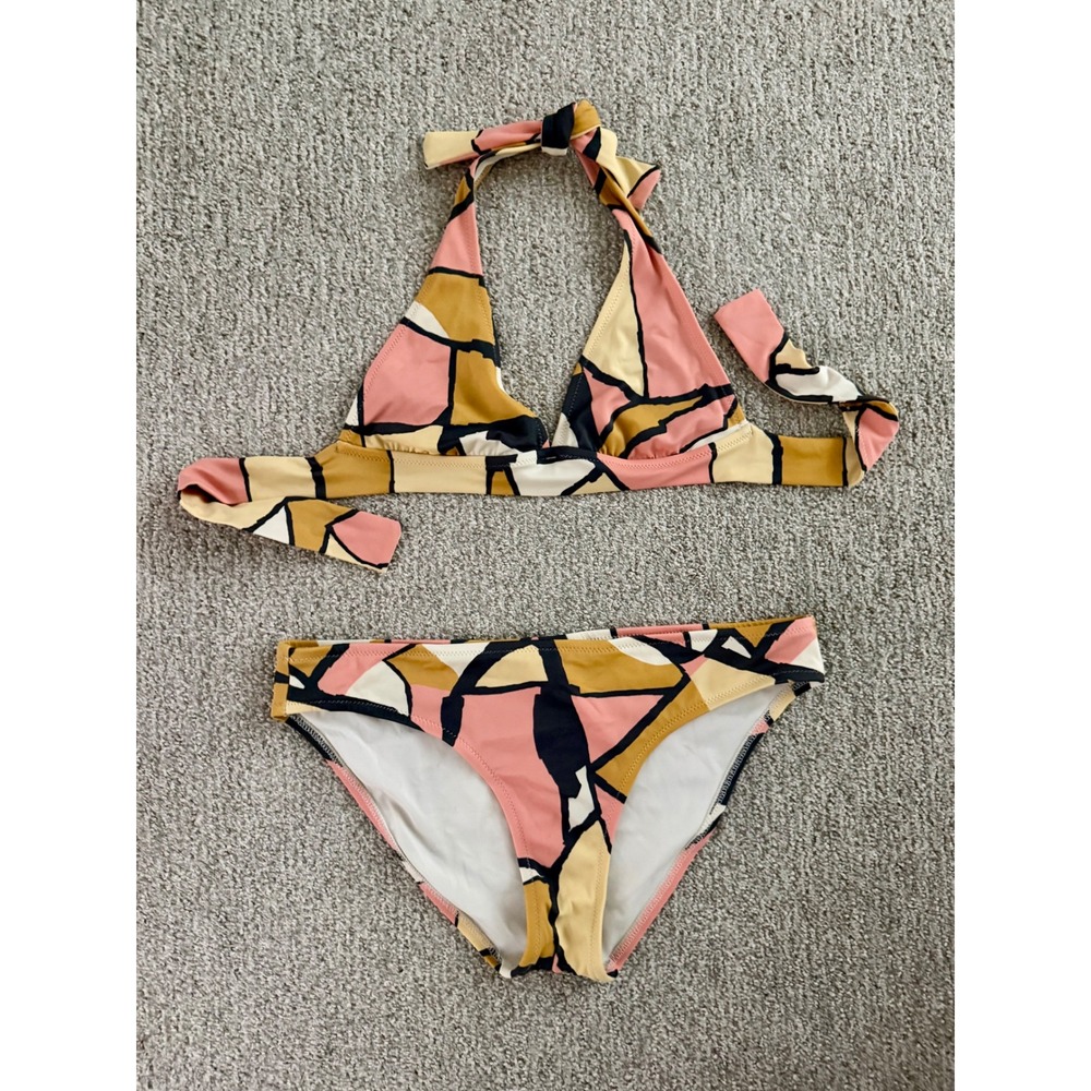 J. Crew Geometric Mosaic Halter Bikini Set Pink Yellow S Top M Bottom
